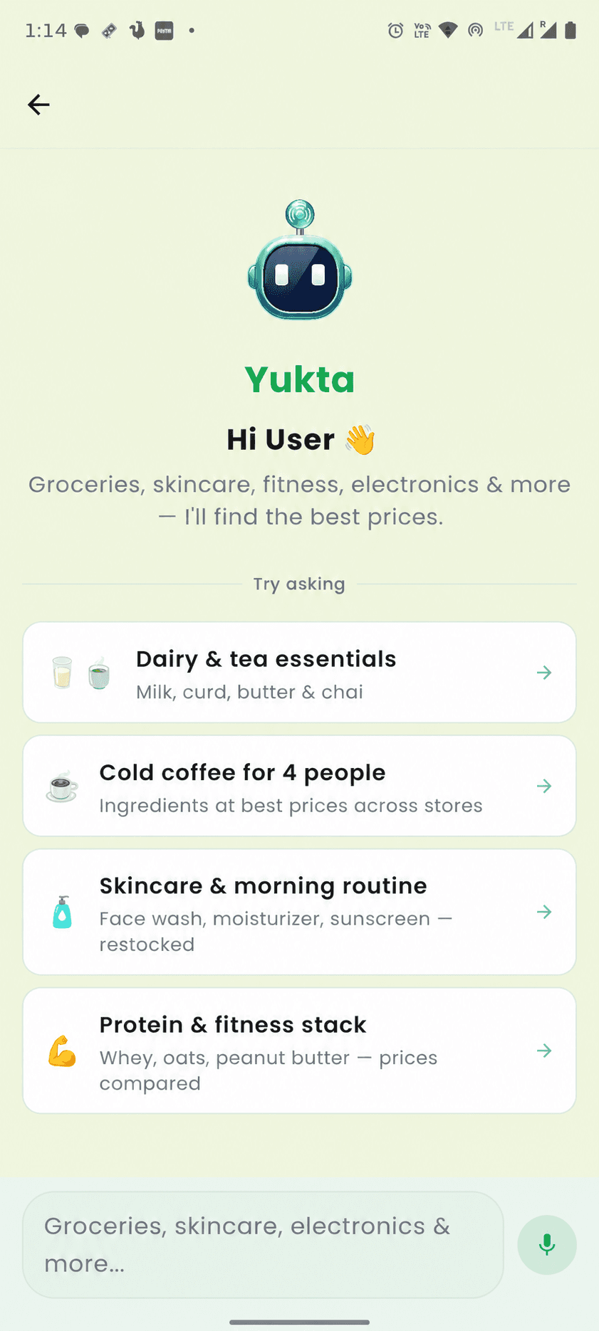 YUKTA AI chat screen suggesting what to shop for